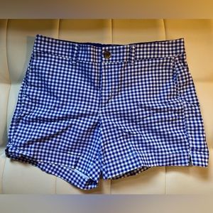 Blue and White Checker Mid Rise Shorts